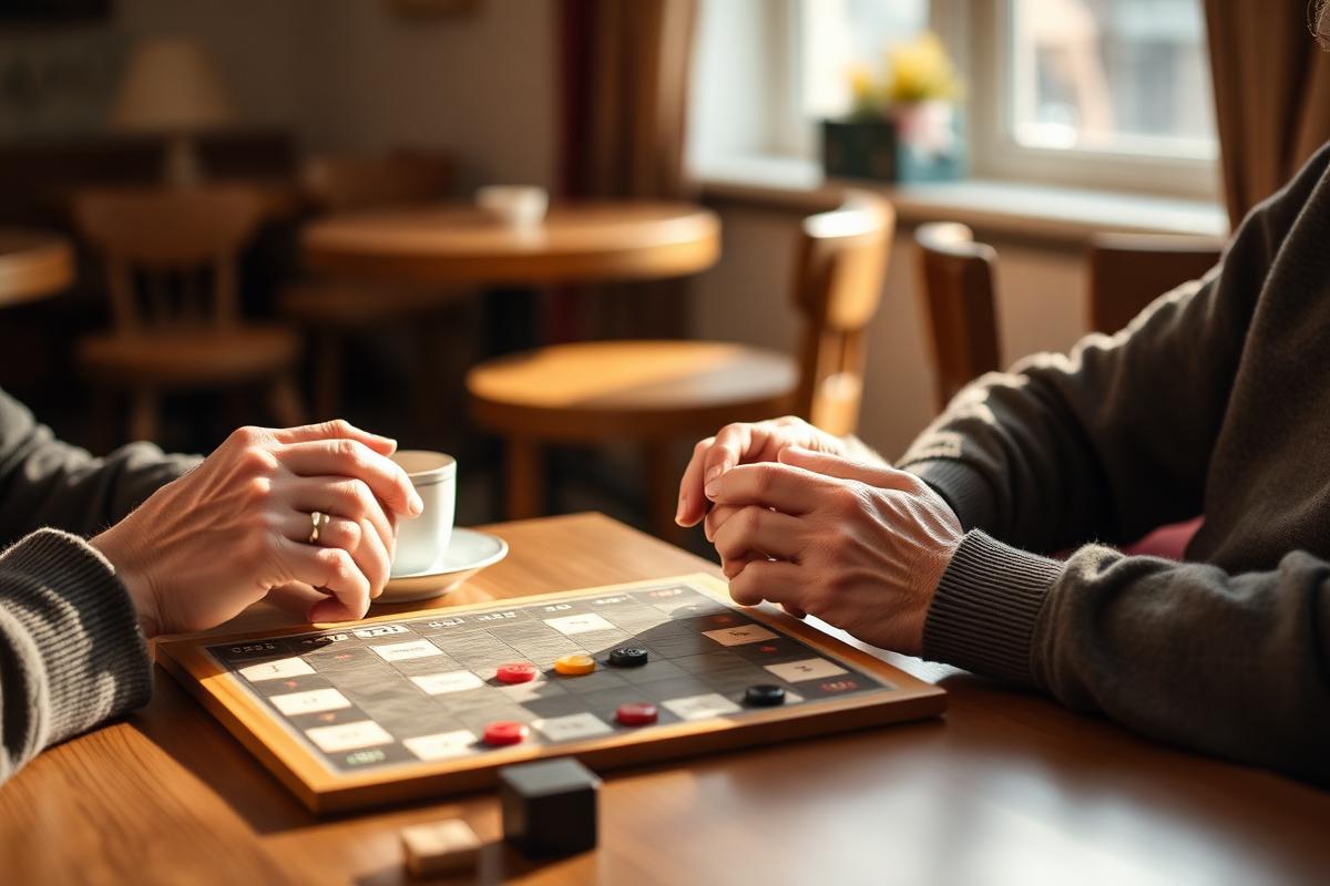 Twee bezoekers spelen een gezelschapsspel bij een tas koffie